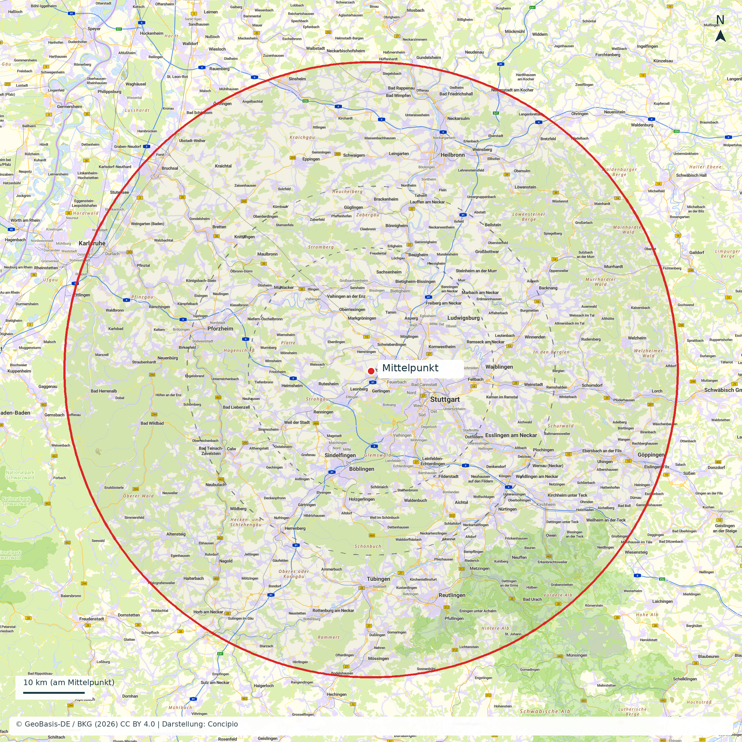 Amtliche Basiskarte mit 50-Kilometer-Radius um Ditzingen